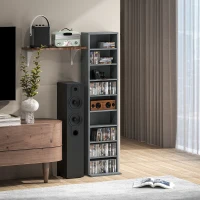 HOMCOM CD- und DVD-Aufbewahrung 9 Fächer und 6 verstellbare Einlegeböden max. Kapazität 260 CDs/120 DVDs 33 x 24 x 140 cm grau(m-5)