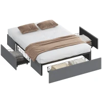 HOMCOM Lit coffre 140 x 190 cm, cadre de lit double rembourré avec 3 tiroirs, sommier à lattes en LVL, sans bruit, gris(m-12)