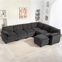 HOMCOM Ecksofa U-Form Sofa Couch mit Federpolsterung gepolsterte Armlehnen beweglicher Ottomane Cord 292x224x85 cm Dunkelgrau(m-2)