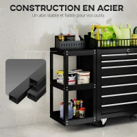 HOMCOM Servante d'Atelier en Acier à 7 Tiroirs, Chariot à Outils sur Roulettes avec Étagère Latérale Amovible, Noir(m-6)