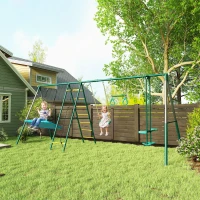 AIYAPLAY 5-in-1 Schaukelgestell mit verstellbarer Nestschaukel Turnringe Doppelsitzer Klettergerüst für 3-8 Jahre 440x175x203 cm(m-10)