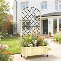 Outsunny Raised Garden Bed with Metal Trellis, Wooden Elevated Planter Box with Lockable Wheels, Outdoor Raised Planter, Natural(m-10)