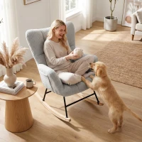 HOMCOM Rocking Chair, Teddy Fleece Rocker Chair with Tufted Wingback, Side Pockets, Rubber Wood Legs, Light Grey(m-9)