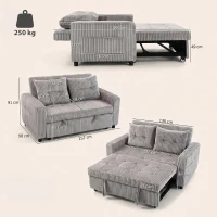 HOMCOM 2-Sitzer Sofabett, Cordbezug, zum Schlafsofa umwandelbar, 2 Kissen, Seitentaschen, 157 x 190 cm, Hellgrau(m-3)
