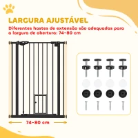 PawHut Barreira de Segurança Ajustável com Porta Pequena, Fecho Automático e Sistema de Bloqueio Duplo 74-80 x 104,1 cm Preta(m-4)