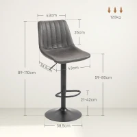 HOMCOM Set de 2 Taburetes de Bar Estilo Industrial con Respaldo Reposapiés y Altura Regulable Gris(m-3)
