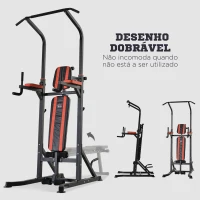 HOMCOM Estação de Musculação Dobrável com Barra de Elevações, Altura Ajustável e Banco Reclinável, Preto e Vermelho(m-6)