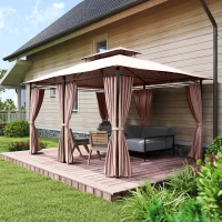 Outsunny Gazebo da Giardino 4x3m con Doppio Tetto e Tende Laterali in Acciaio e Poliestere, Color Cachi(m-9)