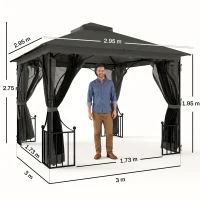 Outsunny 3 x 3m Garden Gazebo Patio Party Tent Shelter Outdoor Canopy Double Tier Sun Shade with Metal Frame and Netting, Dark Grey(m-3)