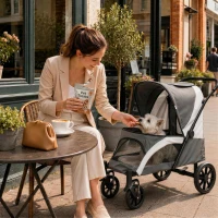 PawHut Foldable Pet Stroller for Medium Dogs with 4 Big Wheels, Shock-Absorbing Frame, Safety Leashes, Brakes, Dark Grey(m-2)