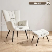 HOMCOM Sessel mit Fußhocker aus Teddy-Stoff mit hoher, gesteppter Rückenlehne, Seitentaschen, Beige(m-3)