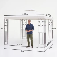 Outsunny 3 x 3m Outdoor Steel Gazebo with 2 Tier Roof, Garden Gazebo Patio Canopy Marquee Shelter with Decorative Steel Frame - Cream(m-3)