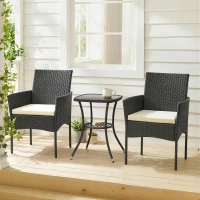 Outsunny 3 Piece Rattan Bistro Set, PE Wicker Garden Furniture Conversation Set with 2 Tier Glass-Top Table, Chairs, Cream White(m-14)