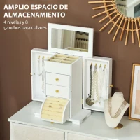 HOMCOM Caja Joyero de 4 Niveles con 2 Cajones Espejo Puertas Laterales con Ganchos para Pendientes Anillos Collares Blanco(m-4)