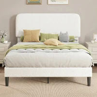 HOMCOM Cadre de Lit 140x190cm avec Sommier, Tête de Lit Réglable, Lit Double Rembourré en Velours Teddy, Lattes en Métal, Blanc(m-11)