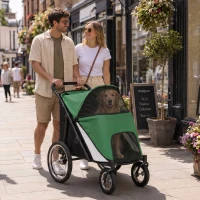 PawHut Foldable Pet Stroller, with Washable Cushion, Storage Bags, Safety Leash, for Medium, Large Dogs, Cats - Green(m-2)