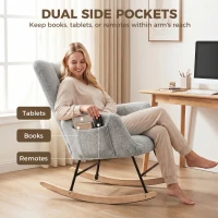 HOMCOM Rocking Chair, Teddy Fleece Rocker Chair with Tufted Wingback, Side Pockets, Rubber Wood Legs, Light Grey(m-7)