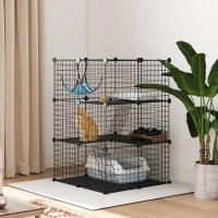 PawHut Cușcă pentru Pisici Gard Personalizabil pe 3 Niveluri, 105 cm, Negru(m-10)