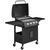 Outsunny 4 Burner Gas BBQ Grill Outdoor 11.6 kW Portable Barbecue Trolley w/ Warming Rack, Side Shelves, Cabinet