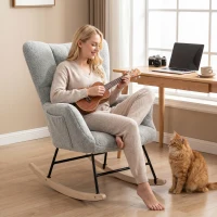HOMCOM Rocking Chair, Teddy Fleece Rocker Chair with Tufted Wingback, Side Pockets, Rubber Wood Legs, Light Grey(m-13)