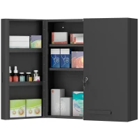 kleankin Medizinschrank, abschließbarer Medikamentenschrank mit 2 Türen und 6 Regalen, Schwarz(m-12)