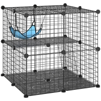 PawHut Indoor Cat Cage DIY Customizable 2-Tier Indoor Cat Enclosure with 2 Doors and Hammock 70 cm Black