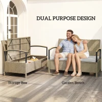 Outsunny 125L Garden Storage Bench, 2 Seater PE Rattan Outdoor Bench Storage Box with Padded Cushion, Khaki(m-4)