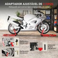 HOMCOM Suporte Roda Dianteira e Traseira para Mota Carga 390 kg Cavalete Moto Elevador Universal com Adaptadores de Garfos em U e L Ajustáveis e Rodas Vermelho(m-6)