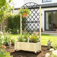 Outsunny Raised Garden Bed with Metal Trellis, Wooden Elevated Planter Box with Lockable Wheels, Outdoor Raised Planter, Natural(m-8)