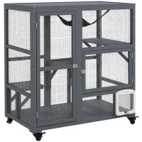 PawHut Cat House, Wooden Indoor Catio Cat Enclosure on Wheels, Wooden Kitty Cage with Platforms, Hammock, Light Grey(m-1)
