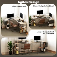 HOMCOM L-förmiger Schreibtisch, Vielseitiger Bürotisch mit einstellbaren Regalen und Aufbewahrungstasche, Monitorständer, Natur(m-5)