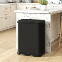 HOMCOM Küchenmülleimer mit Doppelkammer 2 x 30 l mit Pedal aus Edelstahl, Soft-Close-Deckel, Schwarz(m-2)