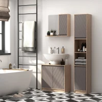 HOMCOM Conjunto de 1 Mueble para Debajo del Lavabo 1 Armario de Baño con Espejo y 1 Columna de Baño Roble y Gris(m-10)