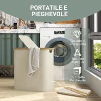 HOMCOM Cesto Portabiancheria da 80L a 2 Sezioni con Coperchio, in Tessuto non Tessuto e Bambù, 54x34x58.5 cm, Beige(m-6)