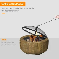 Outsunny Outdoor Fire Pit, 61.5 cm Metal Wood Burning Fireplace with Spark Cover, Poker, Woodgrain Design(m-5)