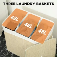HOMCOM 3 Section Laundry Basket with Lid, 144L Bamboo Laundry Hamper with Handles, Removable and Washable Liner, Cream White(m-4)