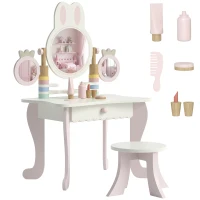 AIYAPLAY Coiffeuse enfants avec tabouret, 3 miroirs et 5 accessoires, poste de maquillage pour fille avec tiroir, 3+ ans, rose(m-7)