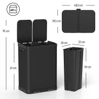 HOMCOM Küchenmülleimer mit Doppelkammer 2 x 30 l mit Pedal aus Edelstahl, Soft-Close-Deckel, Schwarz(m-3)