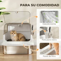 PawHut Arenero para Gatos de Acero Inoxidable XXL con Tapa Abatible Laterales Altos Entrada Superior Pala Blanco(m-7)