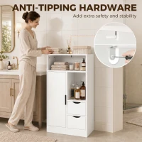 HOMCOM Meuble de salle de bain, meuble de rangement étroit avec 2 tiroirs, compartiments ouverts, 50x25x100cm, blanc(m-8)