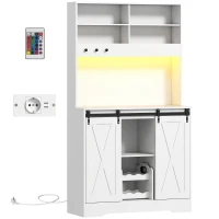 HOMCOM Credenza Cucina con Prese Elettriche, Luce LED, Portabottiglie e Ante Scorrevoli, 100x38x180 cm, Bianco(m-1)