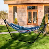 Outsunny 298 x 117cm Hammock with Stand Camping Hammock with Portable Carrying Bag, Adjustable Height, 120kg Load Capacity, Blue and White Stripe(m-2)