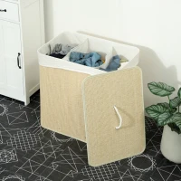 HOMCOM 3 Section Laundry Basket with Lid, 144L Bamboo Laundry Hamper with Handles, Removable and Washable Liner, Cream White(m-10)