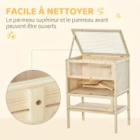 PawHut Cage Hamster en Bois à 3 Niveaux avec Plateformes, Échelles, Étagère, Fenêtre, Toit Ouvrable, 60x40x80cm, Naturel(m-5)