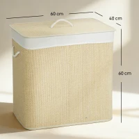 HOMCOM 3 Section Laundry Basket with Lid, 144L Bamboo Laundry Hamper with Handles, Removable and Washable Liner, Cream White(m-3)
