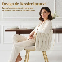 HOMCOM Lot de 2 chaises de salle à manger, chaises de cuisine rembourrées en velours avec dossier tressé et accoudoirs, crème(m-5)