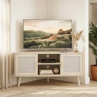 HOMCOM Mueble TV de Esquina 115 cm Mueble para Televisor de hasta 165,1 cm 2 Puertas de Ratán 2 Compartimentos Roble(m-2)