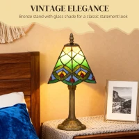 HOMCOM Tiffany-Style Table Lamp with Geometric Patterns, Handcrafted Antique Stained Glass Bedside Lamp for Living Room and Bedroom, E27 Socket, Green(m-4)