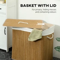 HOMCOM 3 Section Laundry Basket with Lid, 144L Bamboo Laundry Hamper with Handles, Removable and Washable Liner, Brown(m-5)