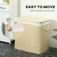 HOMCOM 3 Section Laundry Basket with Lid, 144L Bamboo Laundry Hamper with Handles, Removable and Washable Liner, Cream White(m-6)